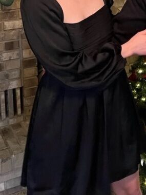 Black Satin Puff-Sleeve Cocktail Dress - Unbranded